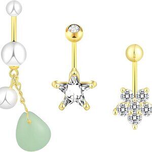 Yatumery Belly Button Rings for Women, 3 pieces, 14G, 316L, Star Round CZ Pearl